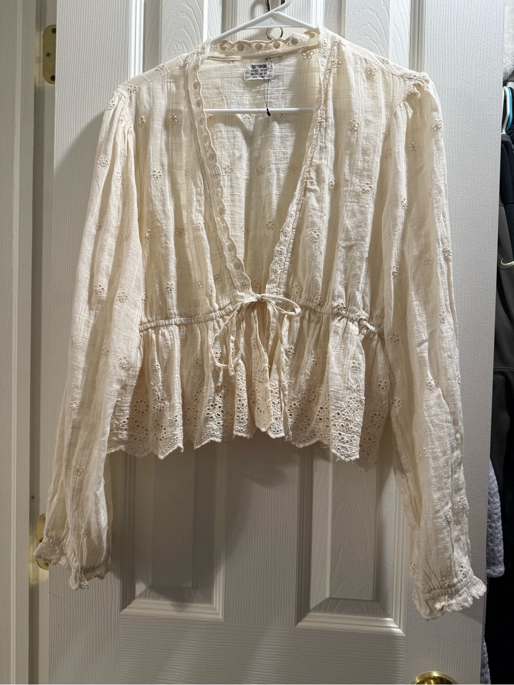 Boho Lace-Trim Cream Tie-Front Women’s Top